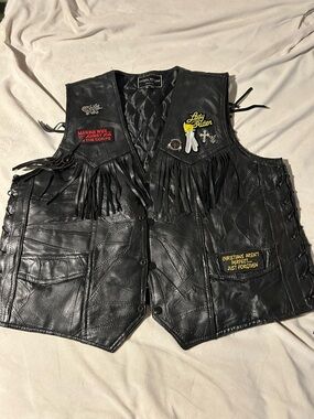 Black Leather Fringe Vest with Embroidered Patches Rebel Ryder XL